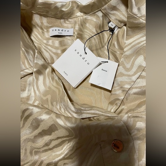 $395 Sandro Jacquard Belted Shirt Dress Knee Length Button Cream Medium 34 NWT - Picture 2 of 5